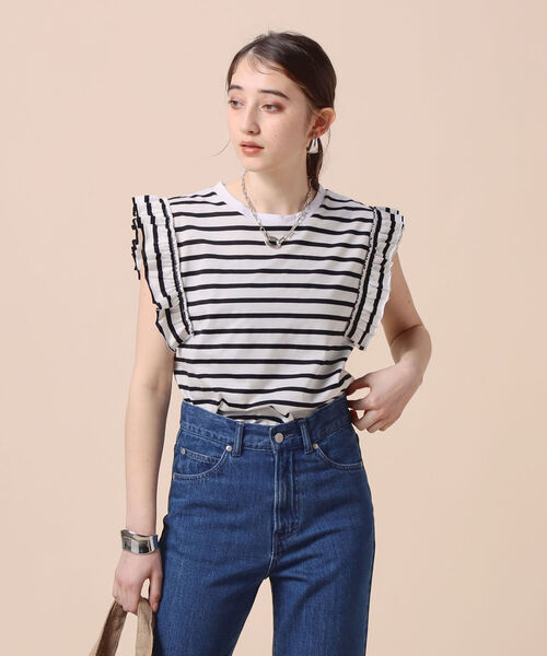Rie Miller(リエミラー)の「ボーダーフリル袖Tシャツ(Tシャツ/カットソー・レディース・ホワイト系その他4/ホワイト系その他5・38)」の4枚目の写真