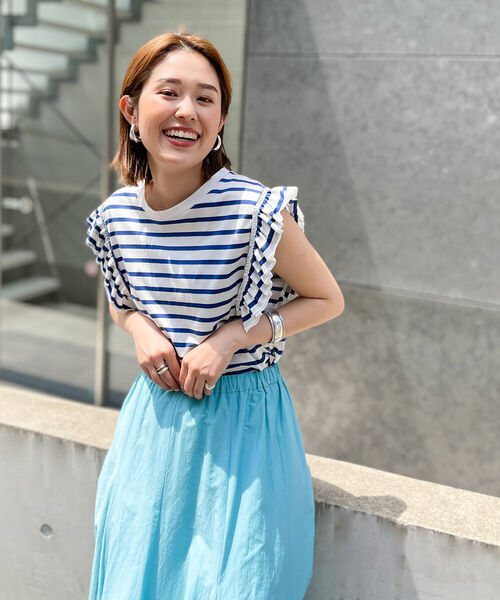 Rie Miller（リエミラー）の「ボーダーフリル袖Tシャツ（Tシャツ 