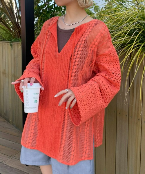 CIAOPANIC（チャオパニック）の「インディアネットレースブラウス（Tシャツ/カットソー・レディース・オレンジ/ブラック/オフホワイト・FREE）」の3枚目の写真