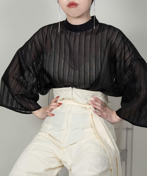 lawgy（ラウジー）の「stripe sheer blouse（シャツ/ブラウス・レディース・アイボリー/ブラウン/パープル/ブラック・FREE）」の3枚目の写真