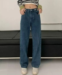 ハイウエスト ボタン調節 デニムパンツ