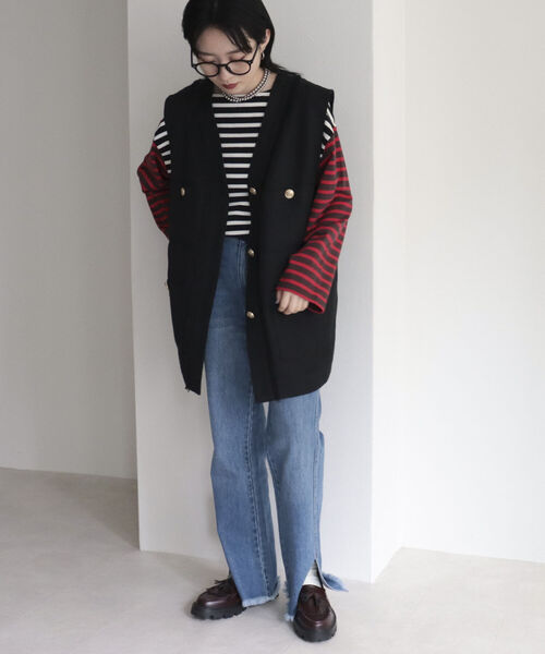 fredy emue(フレディエミュ)の「ツィードジレ ベスト(ベスト・レディース・ブラック/アイボリー・38)」の1枚目の写真