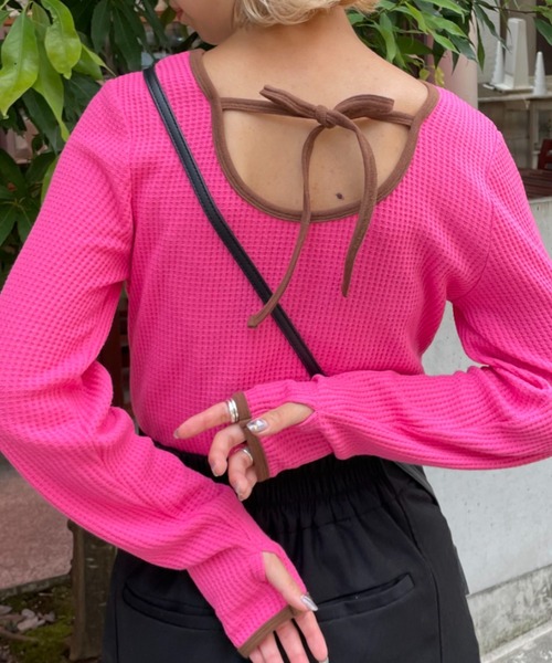 CIAOPANIC（チャオパニック）の「ワッフルバックオープンリンガーtee（Tシャツ/カットソー・レディース・ホワイト/ブラック/ピンク/グリーン・FREE）」の4枚目の写真