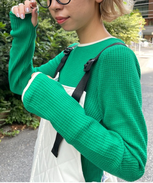 CIAOPANIC（チャオパニック）の「ワッフルバックオープンリンガーtee（Tシャツ/カットソー・レディース・ホワイト/ブラック/ピンク/グリーン・FREE）」の3枚目の写真