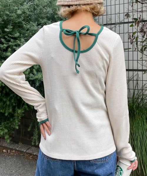 CIAOPANIC（チャオパニック）の「ワッフルバックオープンリンガーtee（Tシャツ/カットソー・レディース・ホワイト/ブラック/ピンク/グリーン・FREE）」の12枚目の写真