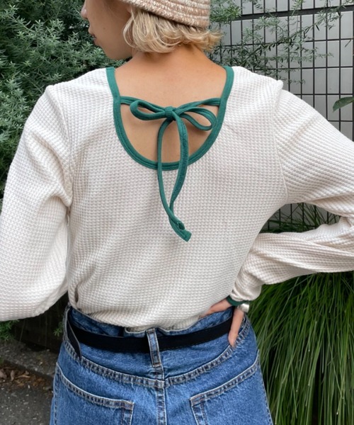 CIAOPANIC（チャオパニック）の「ワッフルバックオープンリンガーtee（Tシャツ/カットソー・レディース・ホワイト/ブラック/ピンク/グリーン・FREE）」の5枚目の写真