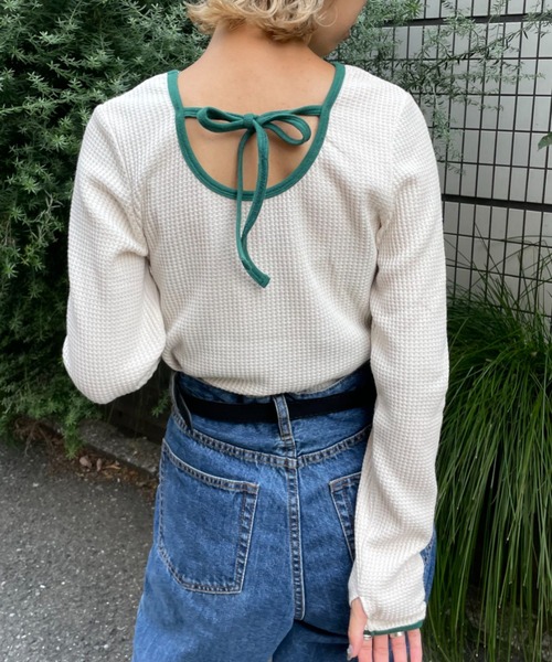 CIAOPANIC（チャオパニック）の「ワッフルバックオープンリンガーtee（Tシャツ/カットソー・レディース・ホワイト/ブラック/ピンク/グリーン・FREE）」の6枚目の写真