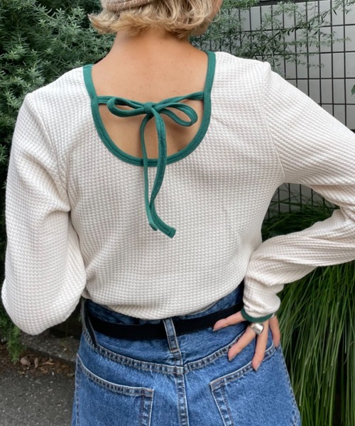 CIAOPANIC（チャオパニック）の「ワッフルバックオープンリンガーtee（Tシャツ/カットソー・レディース・ホワイト/ブラック/ピンク/グリーン・FREE）」の7枚目の写真