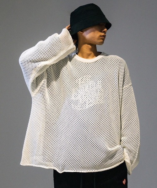 EXAMPLE（エグザンプル）の「EXAMPLE CROCHETING BOX KNIT（Tシャツ/カットソー・メンズ・ブラック/ホワイト/ブラック×ホワイト・L/M/XL）」の2枚目の写真