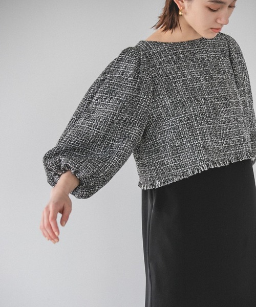 A part by（アパートバイ）の「Ｃ＊ツイードパフブラウス＆キャミワンピースセット（ドレス・レディース・ライトグリーン/ブラック・FREE）」の6枚目の写真