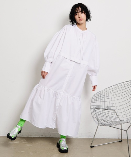 THE YOn(ザヨン)の「【ワンピorクロップドシャツorマーメイドスカートで着用可能】マルチWAYラウンドカフティアードシャツワンピース(シャツワンピース・レディース・ブルー/ホワイト/ホワイト×ネイビー・FREE)」の7枚目の写真