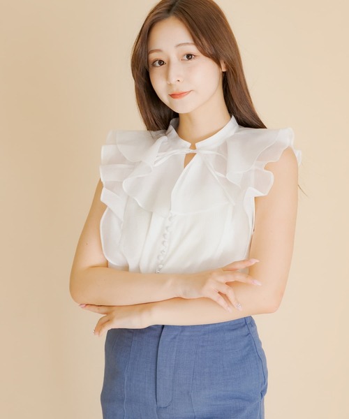 HEYUMM(ヘユム)の「シアーラッフルブラウス(シャツ/ブラウス・レディース・ベージュ/オフホワイト/ブラック・ONE)」の1枚目の写真