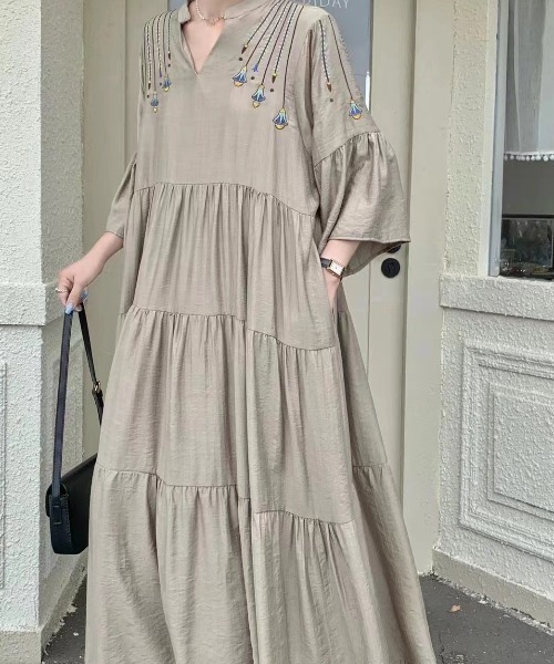 N.s(エヌドットエス)の「スキッパー刺繍フレアワンピース(ワンピース・レディース・イエロー/オレンジ/ブルー/グリーン/モカ/ホワイト/ブラック・FREE)」の3枚目の写真
