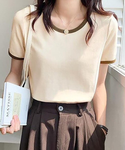 Girly Doll（ガーリードール）の「配色パイピングTシャツ（Tシャツ/カットソー・レディース・ベージュ/ライトパープル/グリーン/ホワイト/ブラック・M/L/S）」の4枚目の写真