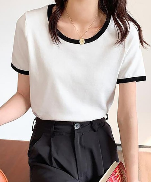 Girly Doll（ガーリードール）の「配色パイピングTシャツ（Tシャツ/カットソー・レディース・ベージュ/ライトパープル/グリーン/ホワイト/ブラック・M/L/S）」の2枚目の写真