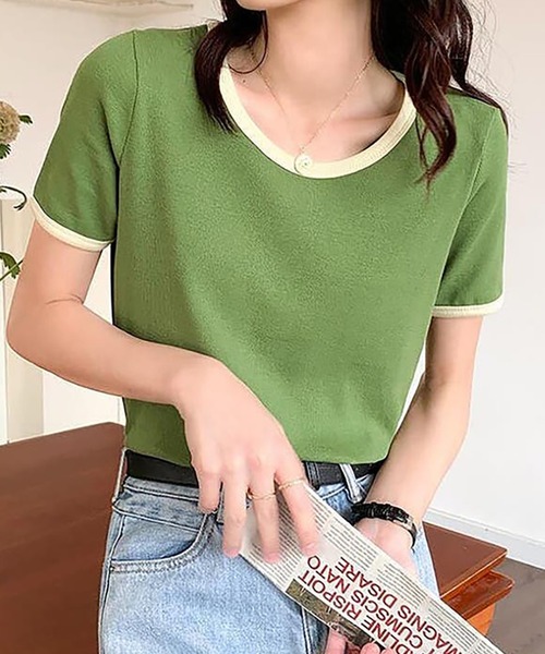 Girly Doll（ガーリードール）の「配色パイピングTシャツ（Tシャツ/カットソー・レディース・ベージュ/ライトパープル/グリーン/ホワイト/ブラック・M/L/S）」の5枚目の写真
