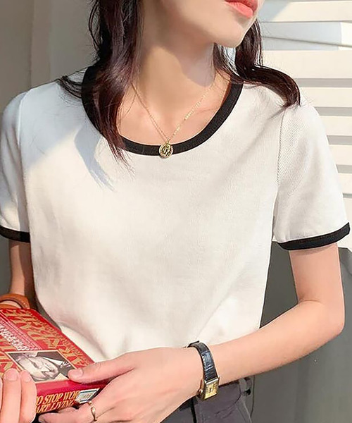 Girly Doll（ガーリードール）の「配色パイピングTシャツ（Tシャツ/カットソー・レディース・ベージュ/ライトパープル/グリーン/ホワイト/ブラック・M/L/S）」の10枚目の写真