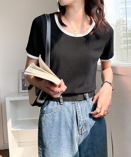 Girly Doll（ガーリードール）の「配色パイピングTシャツ（Tシャツ/カットソー・レディース・ベージュ/ライトパープル/グリーン/ホワイト/ブラック・M/L/S）」の11枚目の写真