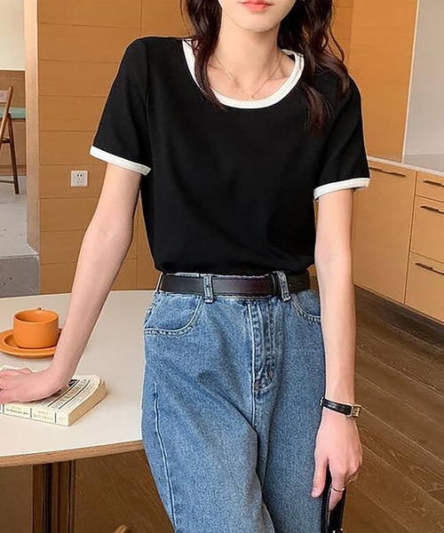Girly Doll（ガーリードール）の「配色パイピングTシャツ（Tシャツ/カットソー・レディース・ベージュ/ライトパープル/グリーン/ホワイト/ブラック・M/L/S）」の12枚目の写真