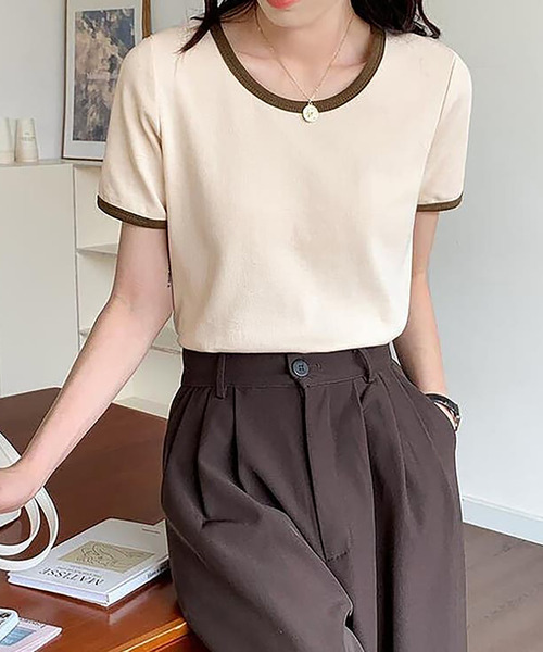 Girly Doll（ガーリードール）の「配色パイピングTシャツ（Tシャツ/カットソー・レディース・ベージュ/ライトパープル/グリーン/ホワイト/ブラック・M/L/S）」の13枚目の写真
