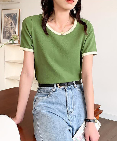 Girly Doll（ガーリードール）の「配色パイピングTシャツ（Tシャツ/カットソー・レディース・ベージュ/ライトパープル/グリーン/ホワイト/ブラック・M/L/S）」の14枚目の写真