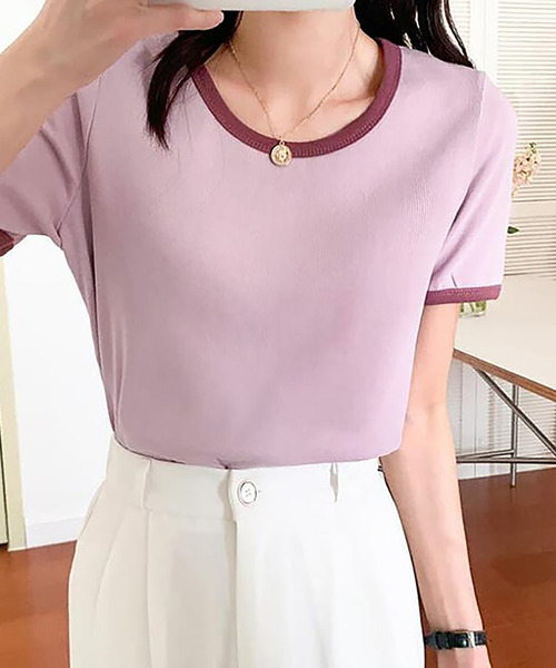 Girly Doll（ガーリードール）の「配色パイピングTシャツ（Tシャツ/カットソー・レディース・ベージュ/ライトパープル/グリーン/ホワイト/ブラック・M/L/S）」の18枚目の写真
