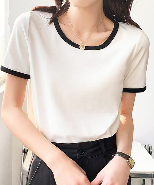 Girly Doll（ガーリードール）の「配色パイピングTシャツ（Tシャツ/カットソー・レディース・ベージュ/ライトパープル/グリーン/ホワイト/ブラック・M/L/S）」の6枚目の写真