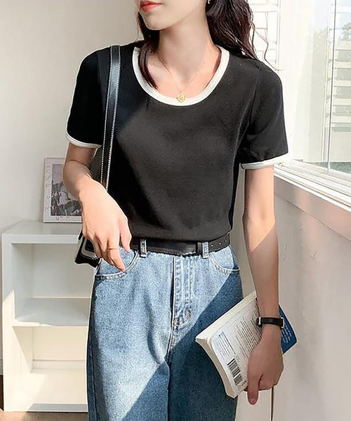 Girly Doll（ガーリードール）の「配色パイピングTシャツ（Tシャツ/カットソー・レディース・ベージュ/ライトパープル/グリーン/ホワイト/ブラック・M/L/S）」の7枚目の写真