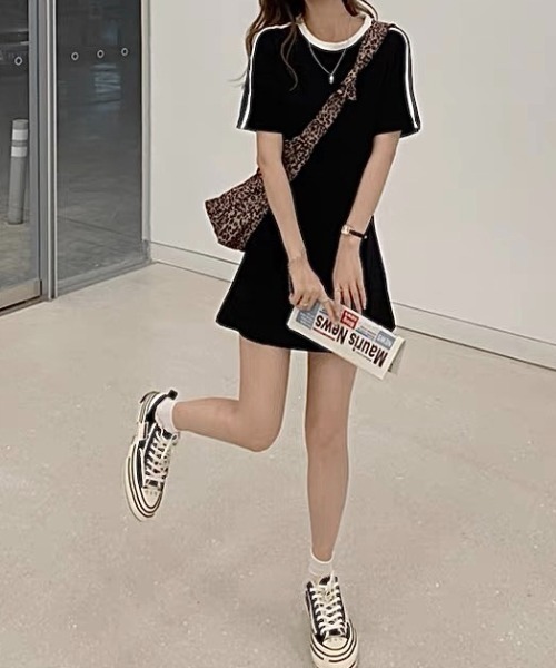 セール】ラインスリーブTシャツミニワンピース（ワンピース