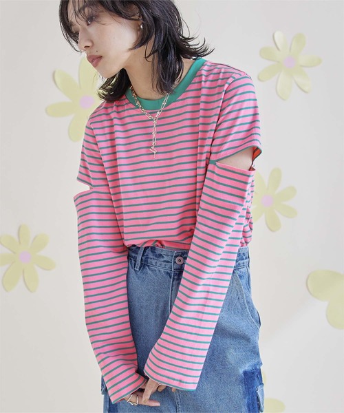 miette（ミエット）の「スリットスリーブボーダーロンT（Tシャツ