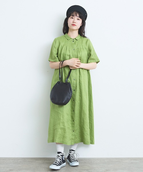 bulle de savon 半袖ひざ丈ワンピース オリーブグリーン bulle de