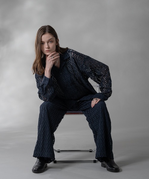 selle glant（セレグランテ）の「CORD LACE OPEN COLLAR SHEER SHIRT/コードレースオープンカラーシアーシャツ（シャツ/ブラウス・メンズ・ネイビー/ブラック・SMALL/LARGE/MEDIUM）」の8枚目の写真