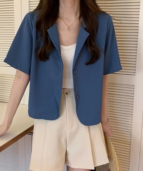 COCOMOMO(ココモモ)の「【カラー展開あり】 羽織るだけでサマ見えに 半袖ジャケット クロップド サマージャケット 半袖 テーラードジャケット 夏服(テーラードジャケット・レディース・ブラック/ブルー/グリーン/ホワイト/ブルー系/ブラウン・FREE)」の16枚目の写真