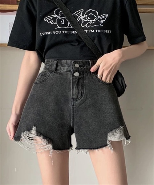 Dream garden(ドリームガーデン)の「ハイウエストダメージデニム ショートパンツ(デニムパンツ・レディース・ブルー/ホワイト/ブラック/ライトブラック・S/M/L/2XL/XL)」の3枚目の写真
