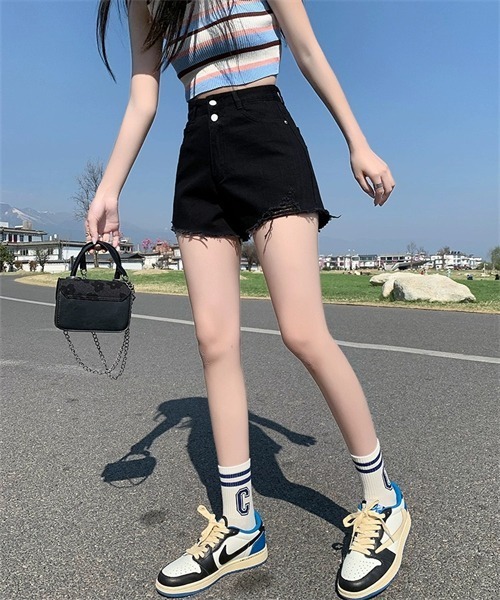 セール】ハイウエストダメージデニム ショートパンツ（デニム