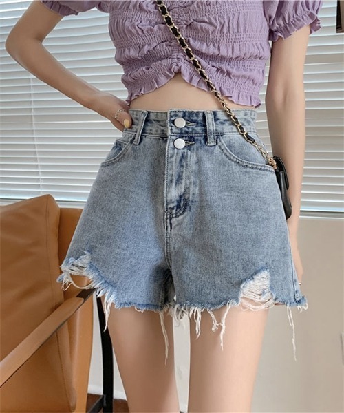 Dream garden(ドリームガーデン)の「ハイウエストダメージデニム ショートパンツ(デニムパンツ・レディース・ブルー/ホワイト/ブラック/ライトブラック・S/M/L/2XL/XL)」の22枚目の写真