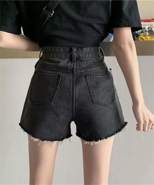 セール】ハイウエストダメージデニム ショートパンツ（デニム