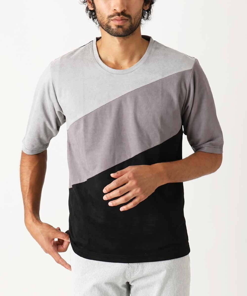 【洗える】五分袖カットソー/スエード切り替えシルキーポンチ（Tシャツ/カットソー）｜MK MICHEL KLEIN HOMME （エムケーミッシェルクランオム）