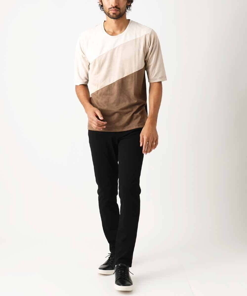 【洗える】五分袖カットソー/スエード切り替えシルキーポンチ（Tシャツ/カットソー）｜MK MICHEL KLEIN HOMME （エムケーミッシェルクランオム）
