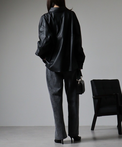 セール】Leather-like short shirt jacket / レザーライク