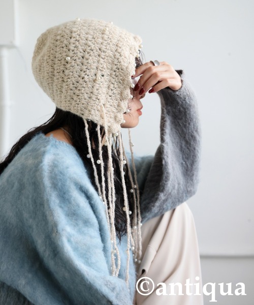 antiqua(アンティカ)の「パールニットハット(ニットキャップ/ビーニー・レディース・ブラック/ベージュ・FREE)」の2枚目の写真