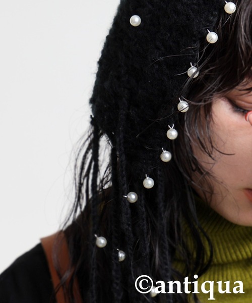 antiqua(アンティカ)の「パールニットハット(ニットキャップ/ビーニー・レディース・ブラック/ベージュ・FREE)」の4枚目の写真