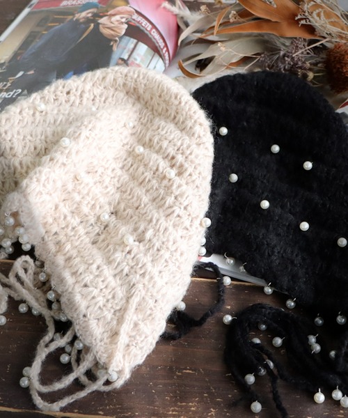 antiqua(アンティカ)の「パールニットハット(ニットキャップ/ビーニー・レディース・ブラック/ベージュ・FREE)」の11枚目の写真