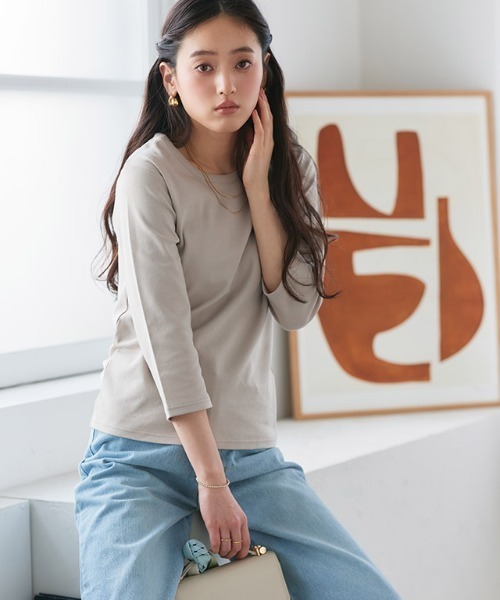 Pierrot（ピエロ）の「七分袖シンプルTシャツ（Tシャツ/カットソー・レディース・オフホワイト/チャコール/グレイッシュベージュ/ブラック・L/M/LL/S）」の12枚目の写真