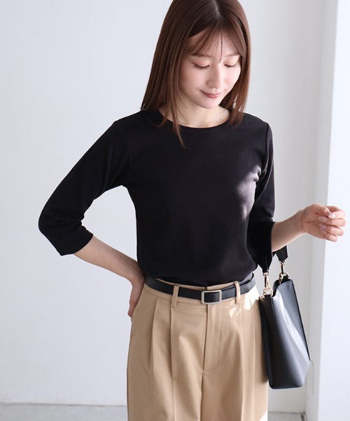 Pierrot（ピエロ）の「七分袖シンプルTシャツ（Tシャツ/カットソー・レディース・オフホワイト/チャコール/グレイッシュベージュ/ブラック・L/M/LL/S）」の8枚目の写真