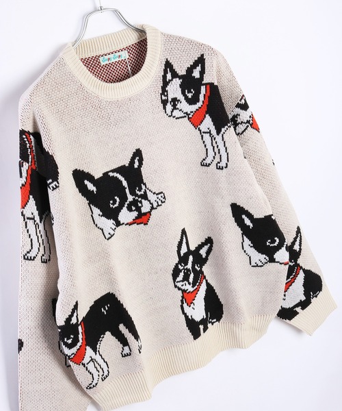 【セール】アニマルモチーフ 総柄ジャガードニット（シロクマ・黒猫・フレンチブル）（ニット/セーター）｜WESTSEA（ウエストシー）