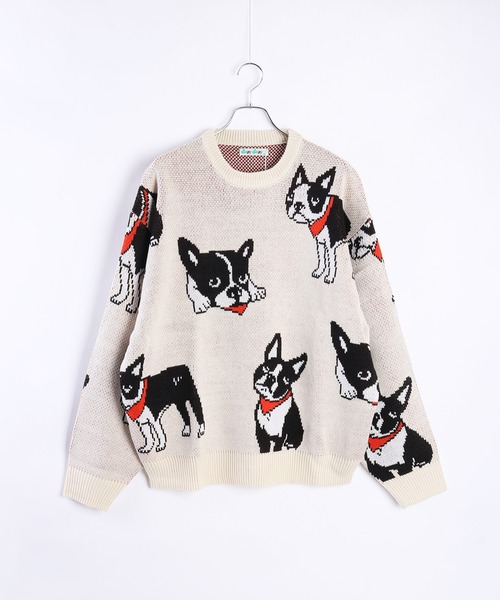 【セール】アニマルモチーフ 総柄ジャガードニット（シロクマ・黒猫・フレンチブル）（ニット/セーター）｜WESTSEA（ウエストシー）