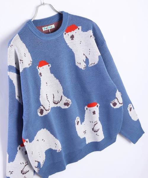 【セール】アニマルモチーフ 総柄ジャガードニット（シロクマ・黒猫・フレンチブル）（ニット/セーター）｜WESTSEA（ウエストシー）