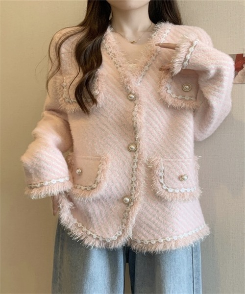 Dream garden(ドリームガーデン)の「ミックスカラージャケット フリンジカラーニットカーデ(ノーカラーコート・レディース・ライトパープル/ライトグリーン/アイボリー/ピンク・FREE)」の4枚目の写真