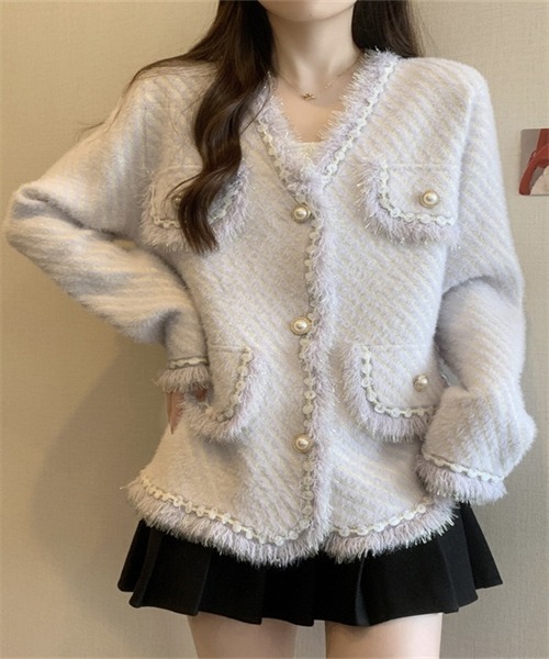 Dream garden(ドリームガーデン)の「ミックスカラージャケット フリンジカラーニットカーデ(ノーカラーコート・レディース・ライトパープル/ライトグリーン/アイボリー/ピンク・FREE)」の13枚目の写真